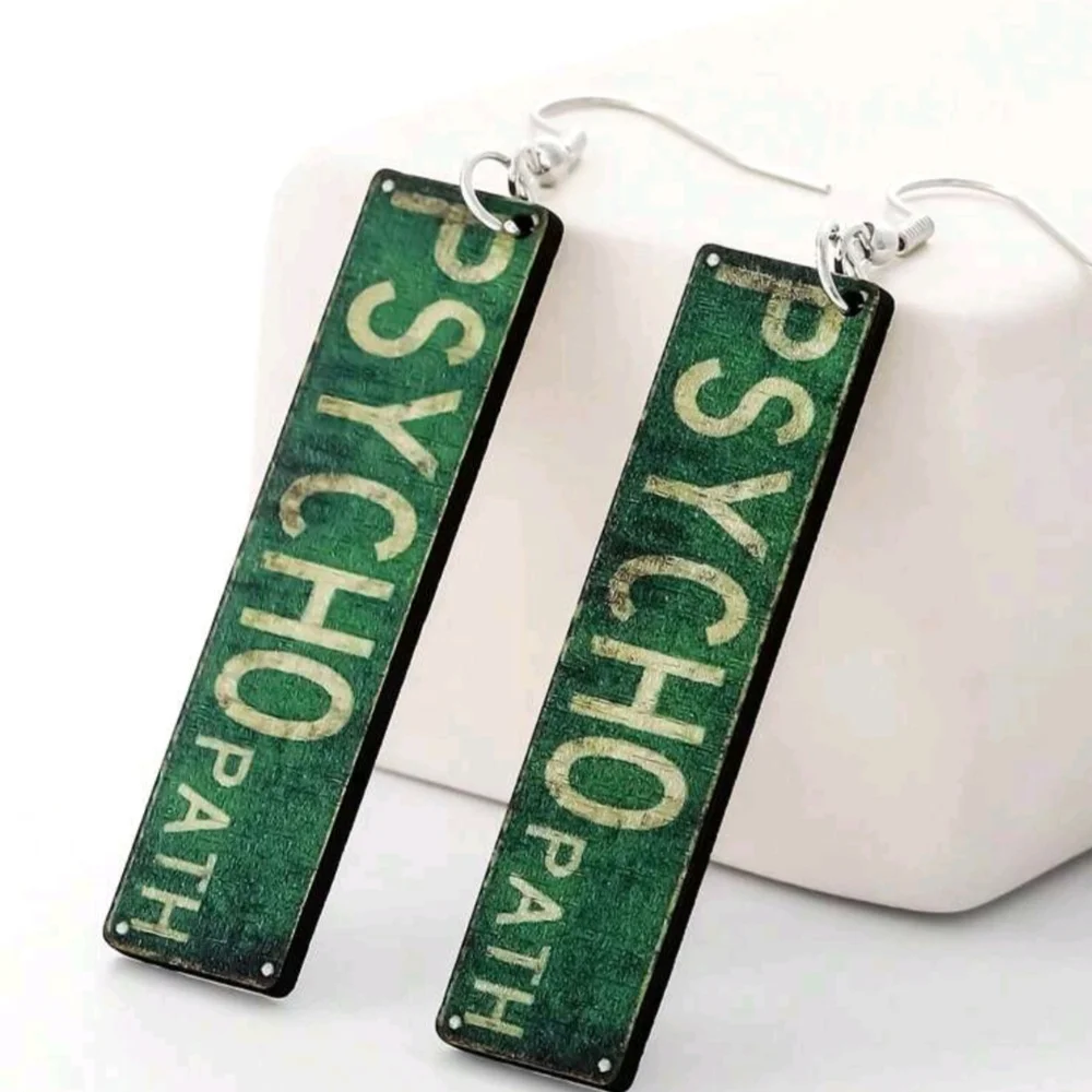 Green 'PSYCHO PATH' Horror Funny Graphic Wood Rectangular Dangle  Earrings New!